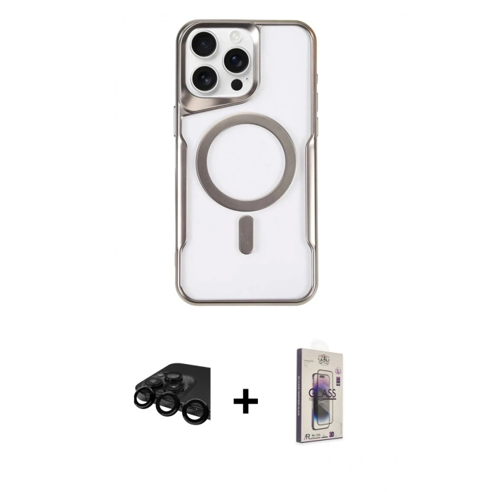 MARSİLYAN™- iPhone 15 Pro Kılıf Yadigar Klasik Özel Seri - Siyah Bilvis 3D Cam Ekran Koruyucu + Raze Metal Kamera Lens - SH
