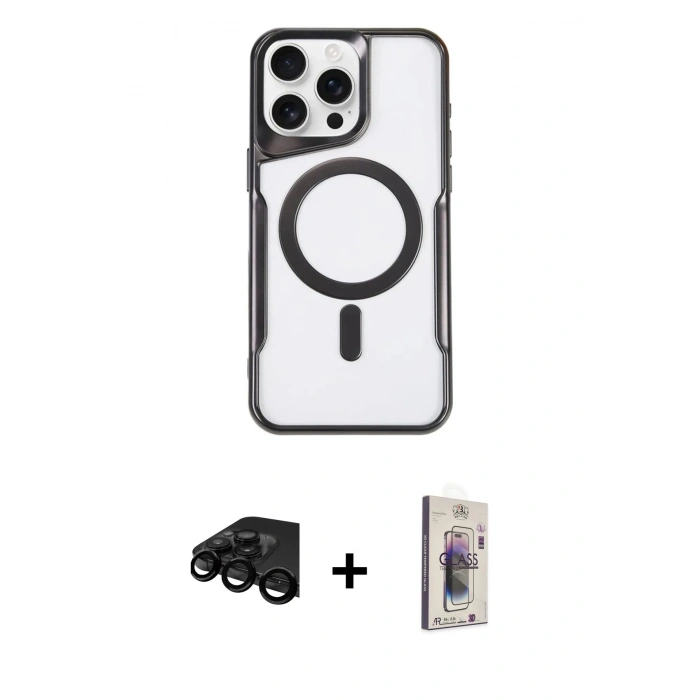 MARSİLYAN™- iPhone 15 Pro Kılıf Yadigar Klasik Özel Seri - Siyah Bilvis 3D Cam Ekran Koruyucu + Raze Metal Kamera Lens - SH