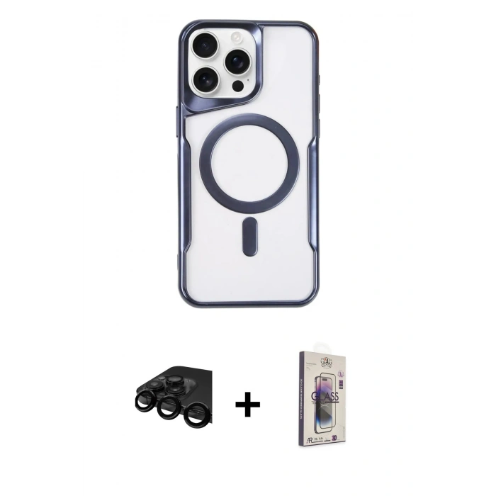 MARSİLYAN™- iPhone 15 Pro Kılıf Yadigar Klasik Özel Seri - Siyah Bilvis 3D Cam Ekran Koruyucu + Raze Metal Kamera Lens - SH