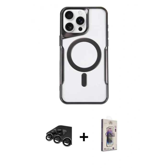 MARSİLYAN™- iPhone 15 Pro Kılıf Yadigar Klasik Özel Seri - Siyah Bilvis 3D Cam Ekran Koruyucu + Raze Metal Kamera Lens - TMGI
