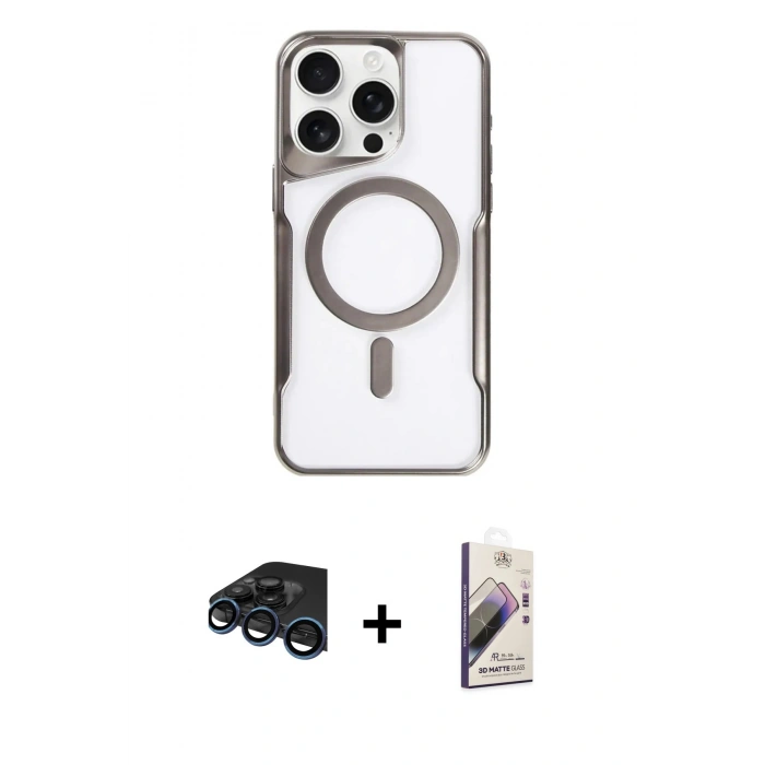 MARSİLYAN™- iPhone 15 Pro Kılıf Yadigar Klasik Özel Seri - Siyah Bilvis 3D Mat Cam Ekran Koruyucu + Lacivert Raze Metal Kamera Lens