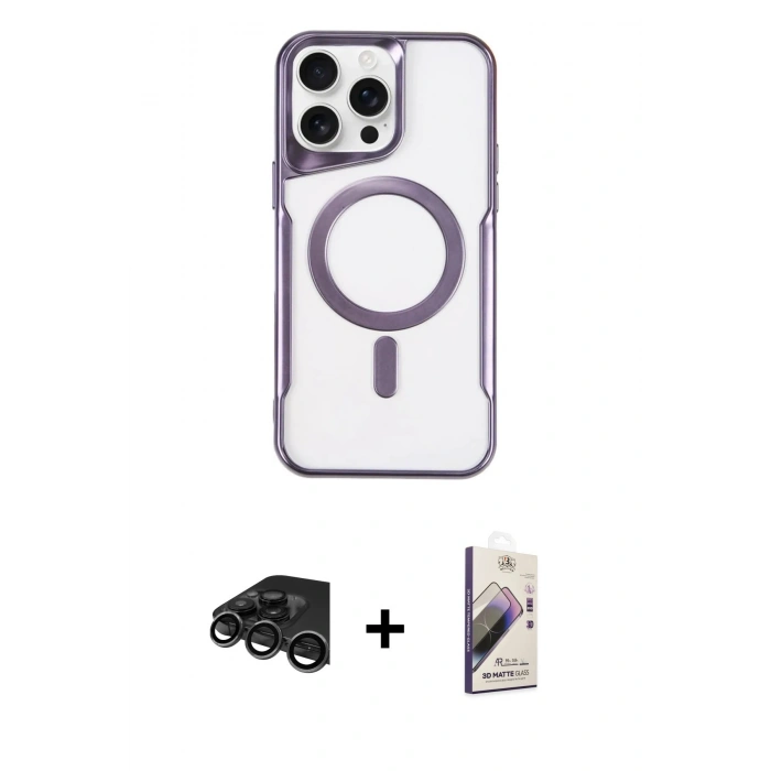 MARSİLYAN™- iPhone 15 Pro Kılıf Yadigar Klasik Özel Seri - Siyah Bilvis 3D Mat Cam Ekran Koruyucu + Raze Metal Kamera Lens - TMGI