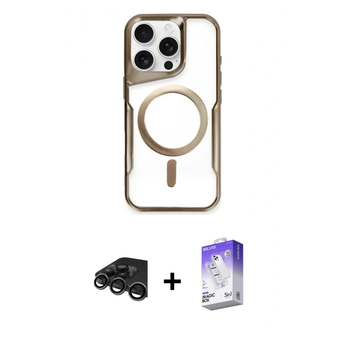 MARSİLYAN™- iPhone 15 Pro Kılıf Yadigar Klasik Özel Seri - Siyah Bilvis 5in1 3D Magic Cam Ekran Koruyucu + Raze Metal Kamera Lens - TMGI