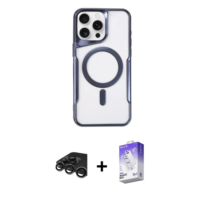 MARSİLYAN™- iPhone 15 Pro Kılıf Yadigar Klasik Özel Seri - Siyah Bilvis 5in1 3D Magic Cam Ekran Koruyucu + Raze Metal Kamera Lens - TMGI