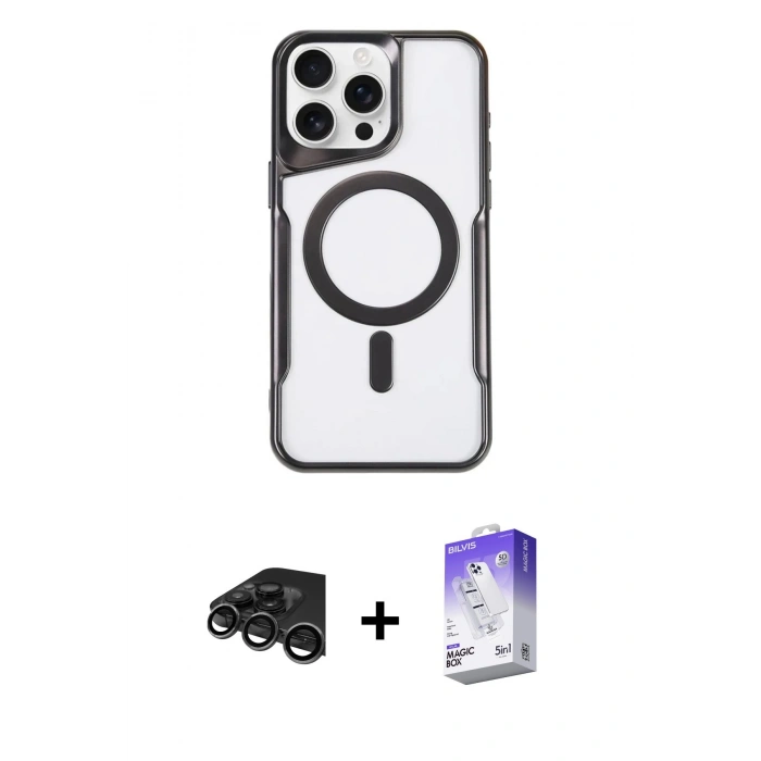 MARSİLYAN™- iPhone 15 Pro Kılıf Yadigar Klasik Özel Seri - Siyah Bilvis 5in1 3D Magic Cam Ekran Koruyucu + Raze Metal Kamera Lens - TMGI