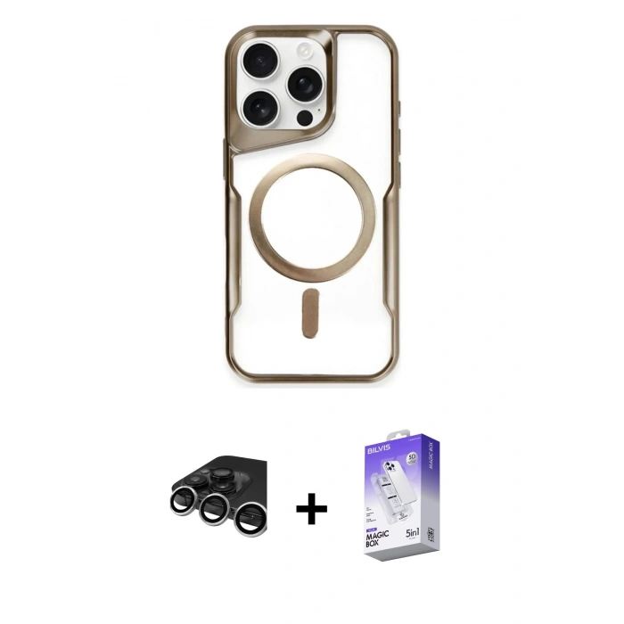 MARSİLYAN™- iPhone 15 Pro Kılıf Yadigar Klasik Özel Seri - Siyah Bilvis 5in1 3D Magic Cam Ekran Koruyucu + Raze Metal Kamera Lens - GS