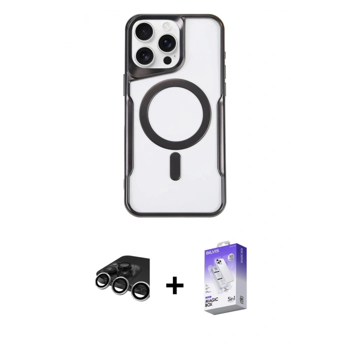 MARSİLYAN™- iPhone 15 Pro Kılıf Yadigar Klasik Özel Seri - Siyah Bilvis 5in1 3D Magic Cam Ekran Koruyucu + Raze Metal Kamera Lens - GS