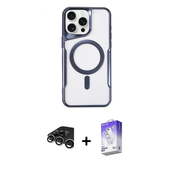 MARSİLYAN™- iPhone 15 Pro Kılıf Yadigar Klasik Özel Seri - Siyah Bilvis 5in1 3D Magic Cam Ekran Koruyucu + Raze Metal Kamera Lens - GS
