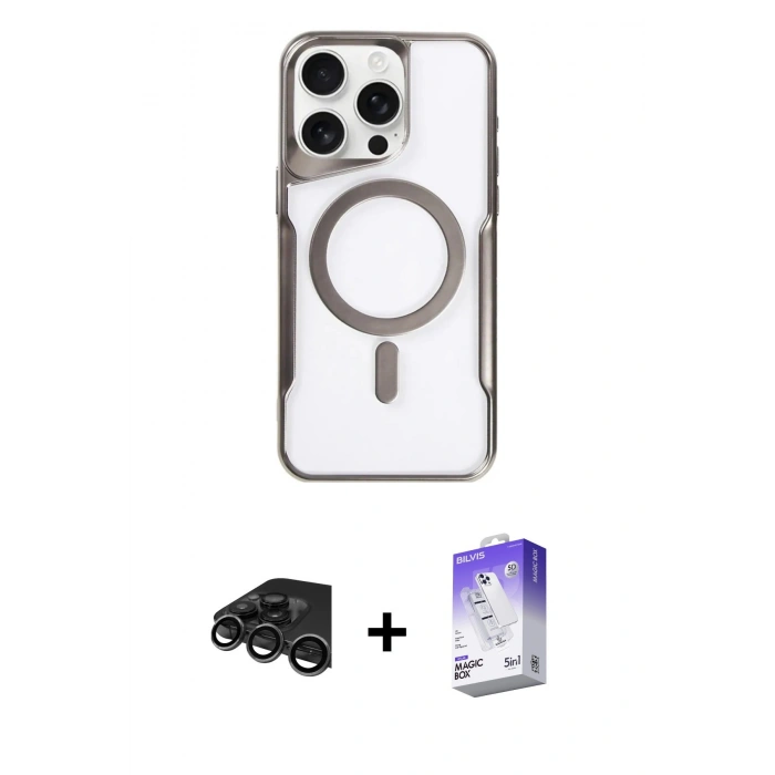 MARSİLYAN™- iPhone 15 Pro Kılıf Yadigar Klasik Özel Seri - Siyah Bilvis 5in1 3D Magic Cam Ekran Koruyucu + Raze Metal Kamera Lens - TMGI