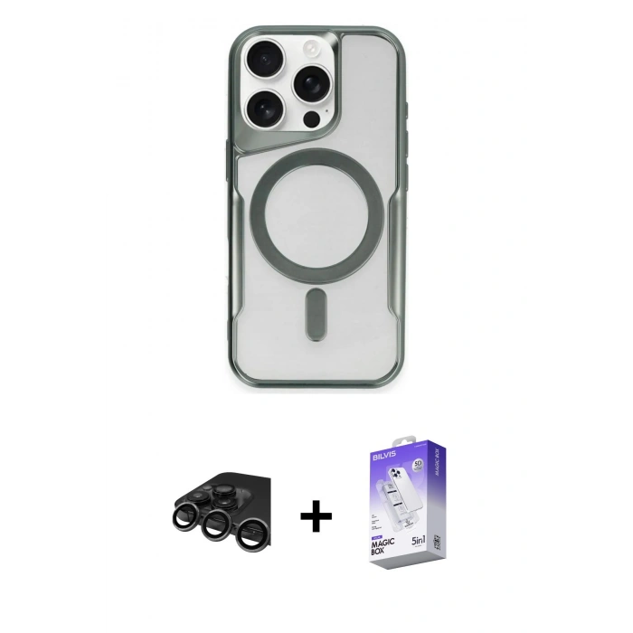 MARSİLYAN™- iPhone 15 Pro Kılıf Yadigar Klasik Özel Seri - Siyah Bilvis 5in1 3D Magic Cam Ekran Koruyucu + Raze Metal Kamera Lens - TMGI