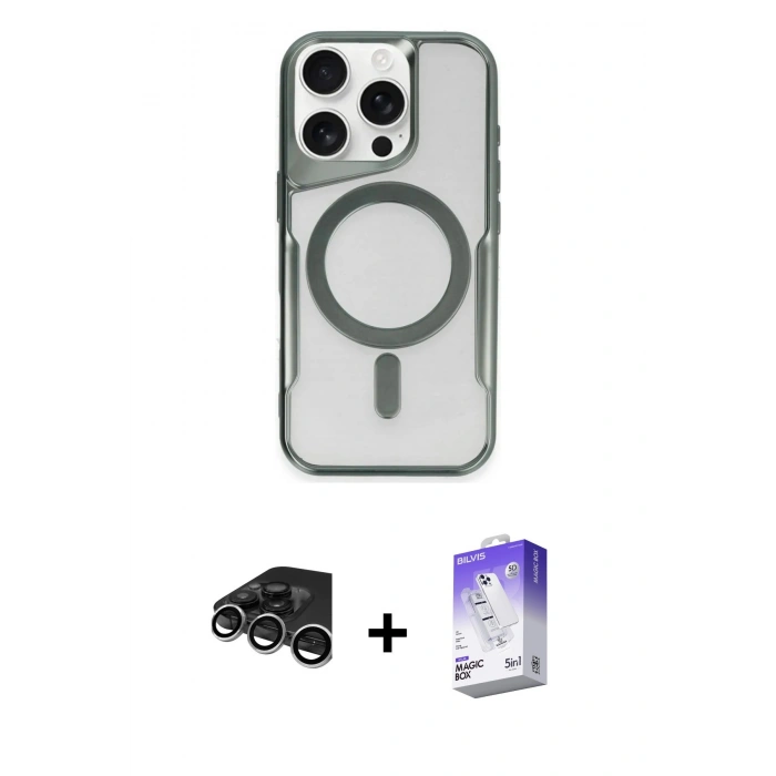 MARSİLYAN™- iPhone 15 Pro Kılıf Yadigar Klasik Özel Seri - Siyah Bilvis 5in1 3D Magic Cam Ekran Koruyucu + Raze Metal Kamera Lens - GS