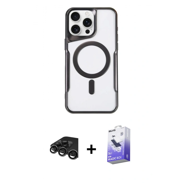 MARSİLYAN™- iPhone 15 Pro Kılıf Yadigar Klasik Özel Seri - Siyah Bilvis 5in1 5D Magic Hayalet Cam Ekran Koruyucu + Raze Metal Kamera Lens - TMGI