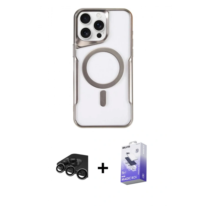 MARSİLYAN™- iPhone 15 Pro Kılıf Yadigar Klasik Özel Seri - Siyah Bilvis 5in1 5D Magic Hayalet Cam Ekran Koruyucu + Raze Metal Kamera Lens - TMGI
