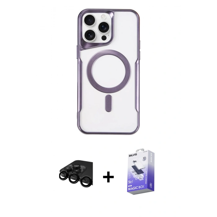 MARSİLYAN™- iPhone 15 Pro Kılıf Yadigar Klasik Özel Seri - Siyah Bilvis 5in1 5D Magic Hayalet Cam Ekran Koruyucu + Raze Metal Kamera Lens - SH