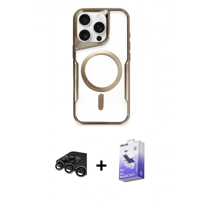 MARSİLYAN™- iPhone 15 Pro Kılıf Yadigar Klasik Özel Seri - Siyah Bilvis 5in1 5D Magic Hayalet Cam Ekran Koruyucu + Raze Metal Kamera Lens - TMGI