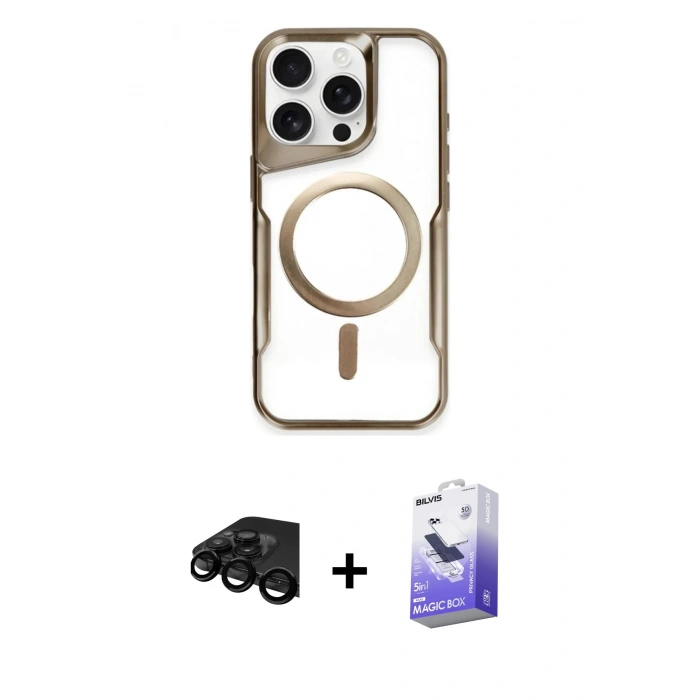 MARSİLYAN™- iPhone 15 Pro Kılıf Yadigar Klasik Özel Seri - Siyah Bilvis 5in1 5D Magic Hayalet Cam Ekran Koruyucu + Raze Metal Kamera Lens - SH