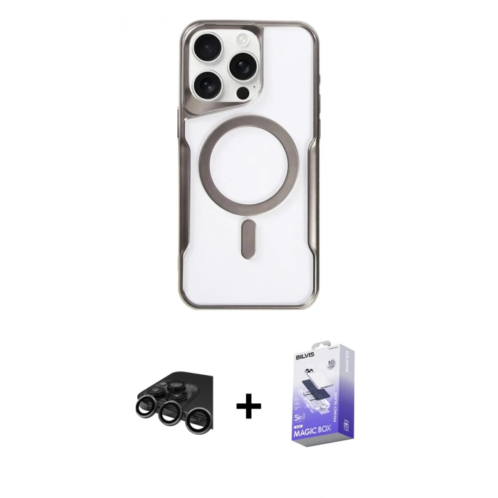 MARSİLYAN™- iPhone 15 Pro Kılıf Yadigar Klasik Özel Seri - Siyah Bilvis 5in1 5D Magic Hayalet Cam Ekran Koruyucu + Raze Metal Kamera Lens - TMGI