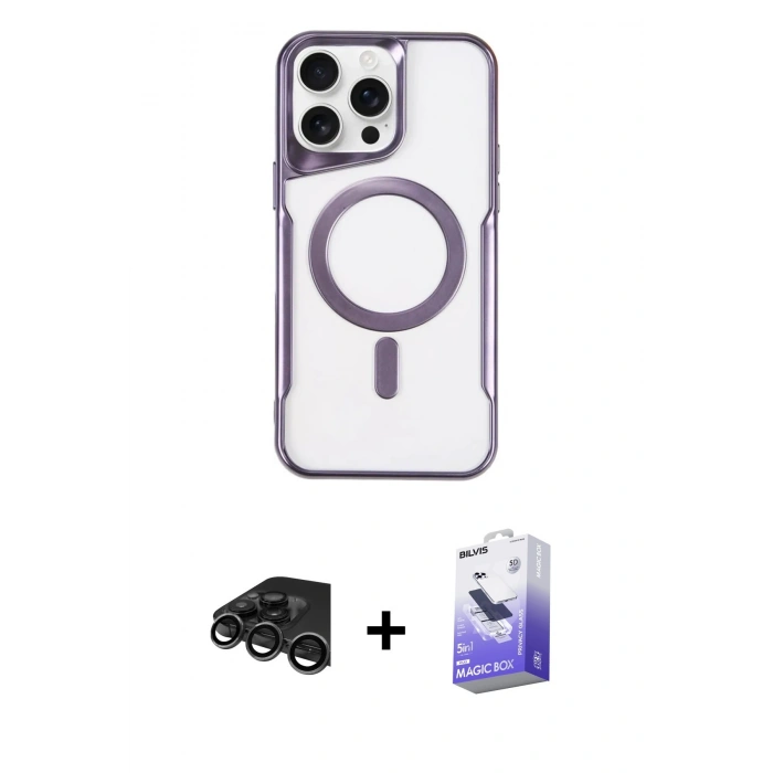 MARSİLYAN™- iPhone 15 Pro Kılıf Yadigar Klasik Özel Seri - Siyah Bilvis 5in1 5D Magic Hayalet Cam Ekran Koruyucu + Raze Metal Kamera Lens - TMGI