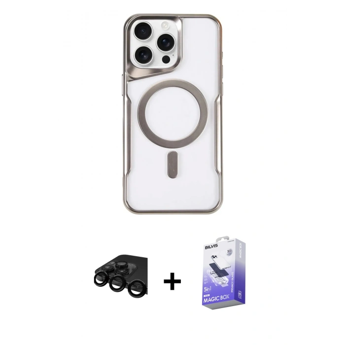 MARSİLYAN™- iPhone 15 Pro Kılıf Yadigar Klasik Özel Seri - Siyah Bilvis 5in1 5D Magic Hayalet Cam Ekran Koruyucu + Raze Metal Kamera Lens - SH