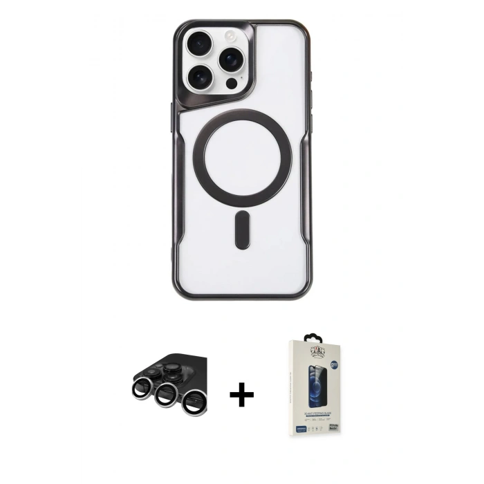 MARSİLYAN™- iPhone 15 Pro Kılıf Yadigar Klasik Özel Seri - Siyah Bilvis Hayalet Cam Ekran Koruyucu + Raze Metal Kamera Lens - GS