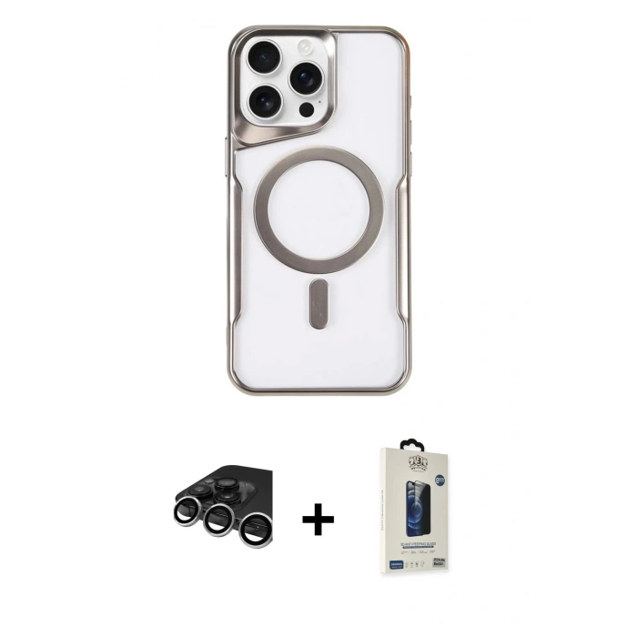 MARSİLYAN™- iPhone 15 Pro Kılıf Yadigar Klasik Özel Seri - Siyah Bilvis Hayalet Cam Ekran Koruyucu + Raze Metal Kamera Lens - GS