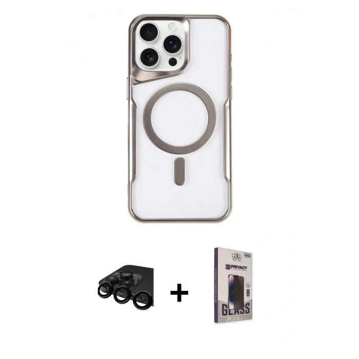 MARSİLYAN™- iPhone 15 Pro Kılıf Yadigar Klasik Özel Seri - Siyah Bilvis Hayalet Cam Ekran Koruyucu + Raze Metal Kamera Lens - SH