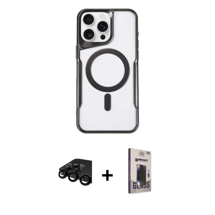 MARSİLYAN™- iPhone 15 Pro Kılıf Yadigar Klasik Özel Seri - Siyah Bilvis Hayalet Cam Ekran Koruyucu + Raze Metal Kamera Lens - SH