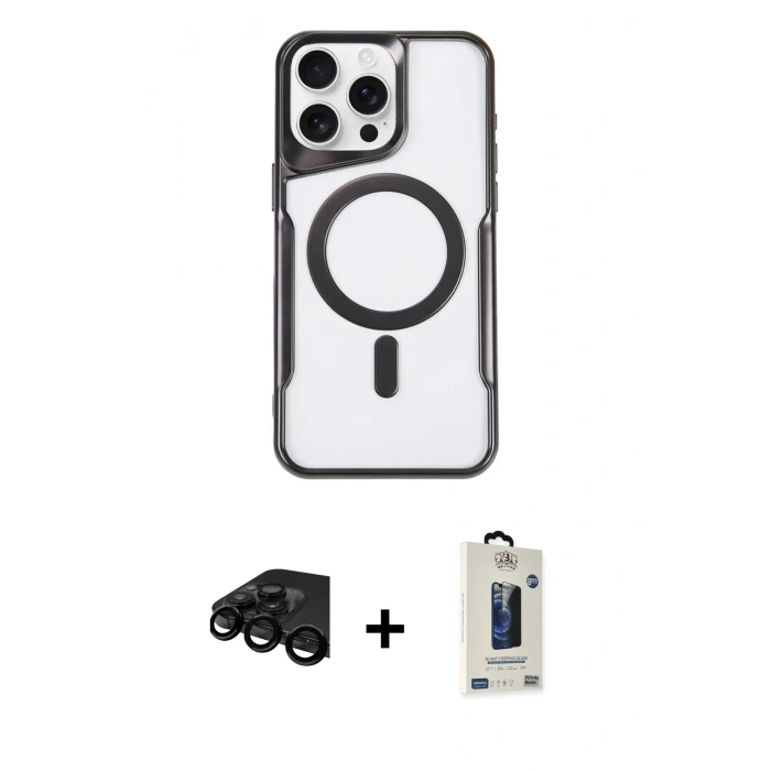 MARSİLYAN™- iPhone 15 Pro Kılıf Yadigar Klasik Özel Seri - Siyah Bilvis Hayalet Cam Ekran Koruyucu + Raze Metal Kamera Lens - SH