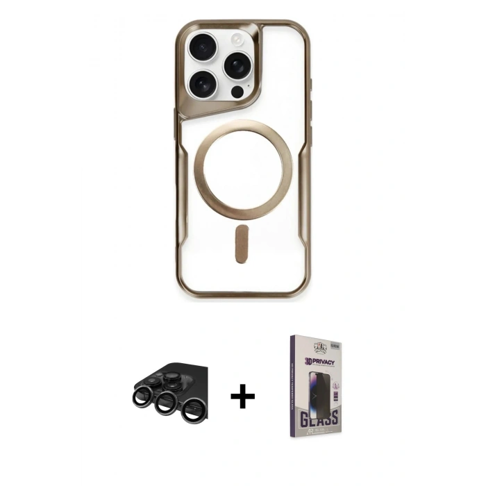 MARSİLYAN™- iPhone 15 Pro Kılıf Yadigar Klasik Özel Seri - Siyah Bilvis Hayalet Cam Ekran Koruyucu + Raze Metal Kamera Lens - TMGI