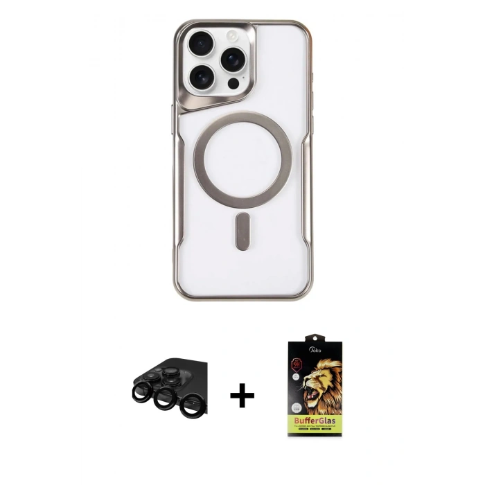 MARSİLYAN™- iPhone 15 Pro Kılıf Yadigar Klasik Özel Seri - Siyah Buffer Cam Ekran Koruyucu + Siyah Raze Metal Kamera Lens