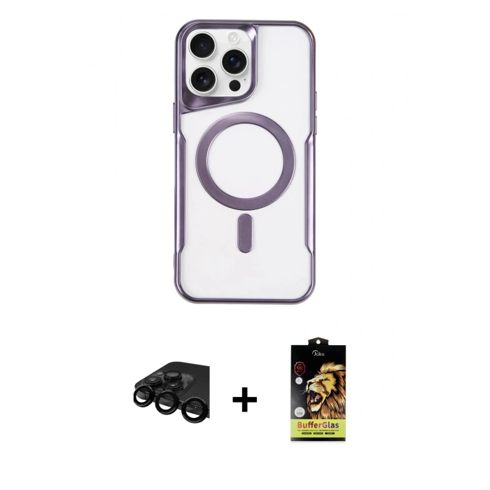 MARSİLYAN™- iPhone 15 Pro Kılıf Yadigar Klasik Özel Seri - Siyah Buffer Cam Ekran Koruyucu + Siyah Raze Metal Kamera Lens