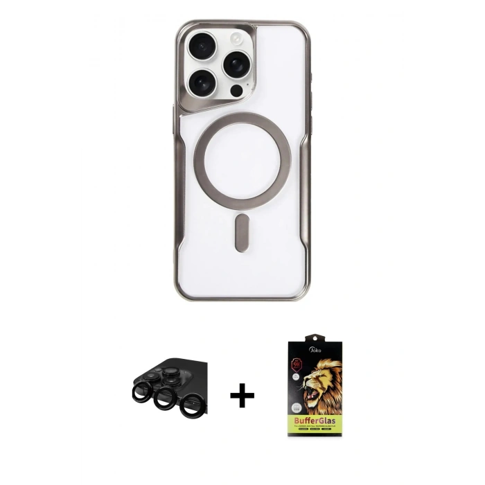 MARSİLYAN™- iPhone 15 Pro Kılıf Yadigar Klasik Özel Seri - Siyah Buffer Cam Ekran Koruyucu + Siyah Raze Metal Kamera Lens