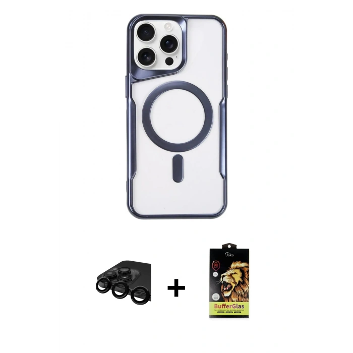 MARSİLYAN™- iPhone 15 Pro Kılıf Yadigar Klasik Özel Seri - Siyah Buffer Cam Ekran Koruyucu + Siyah Raze Metal Kamera Lens