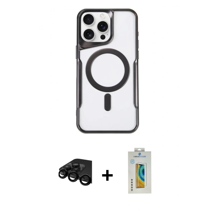MARSİLYAN™- iPhone 15 Pro Kılıf Yadigar Klasik Özel Seri - Siyah Polymer Nano Ekran Koruyucu + Siyah Raze Metal Kamera Lens