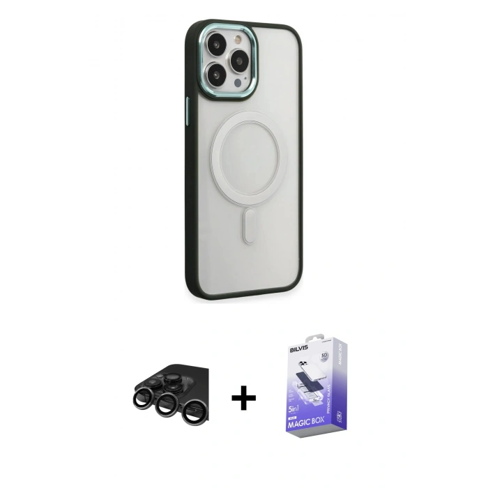 MARSİLYAN™- iPhone 15 Pro Kılıf Yankı Işık Özel Seri - Siyah Bilvis 5in1 5D Magic Hayalet Cam Ekran Koruyucu + Raze Metal Kamera Lens - TMGI