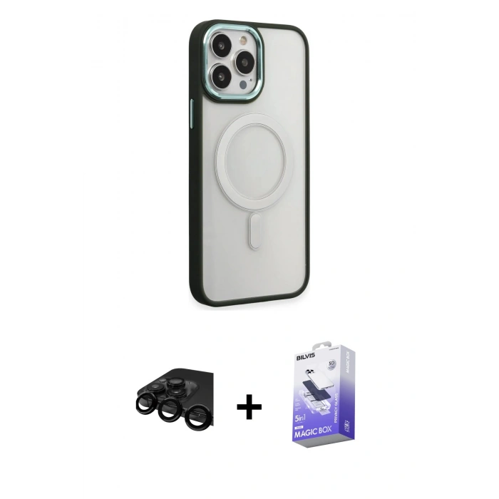 MARSİLYAN™- iPhone 15 Pro Kılıf Yankı Işık Özel Seri - Siyah Bilvis 5in1 5D Magic Hayalet Cam Ekran Koruyucu + Raze Metal Kamera Lens - SH