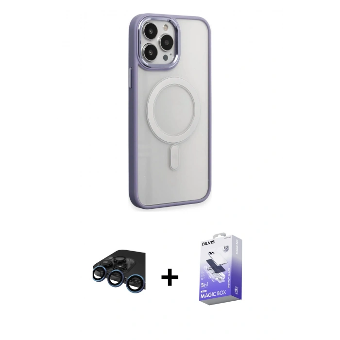 MARSİLYAN™- iPhone 15 Pro Kılıf Yankı Işık Özel Seri - Siyah Bilvis 5in1 5D Magic Hayalet Cam Ekran Koruyucu + Lacivert Raze Metal Kamera Lens