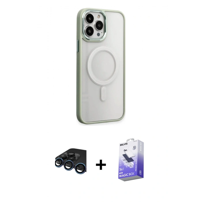 MARSİLYAN™- iPhone 15 Pro Kılıf Yankı Işık Özel Seri - Siyah Bilvis 5in1 5D Magic Hayalet Cam Ekran Koruyucu + Lacivert Raze Metal Kamera Lens