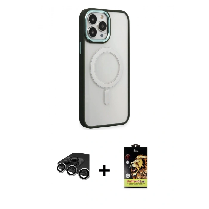 MARSİLYAN™- iPhone 15 Pro Kılıf Yankı Işık Özel Seri - Siyah Buffer Cam Ekran Koruyucu + Gümüş Raze Metal Kamera Lens