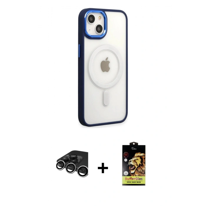 MARSİLYAN™- iPhone 15 Pro Kılıf Yankı Işık Özel Seri - Siyah Buffer Cam Ekran Koruyucu + Gümüş Raze Metal Kamera Lens