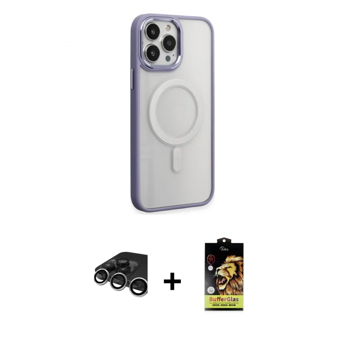 MARSİLYAN™- iPhone 15 Pro Kılıf Yankı Işık Özel Seri - Siyah Buffer Cam Ekran Koruyucu + Gümüş Raze Metal Kamera Lens