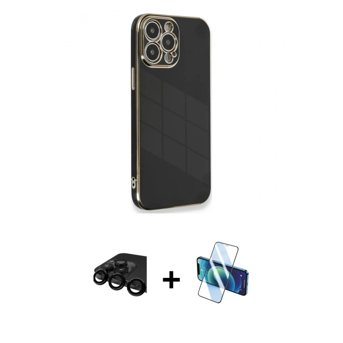 MARSİLYAN™- iPhone 15 Pro Kılıf Yankı Serisi - Siyah 3D Antistatik Seramik Nano Ekran Koruyucu + Raze Metal Kamera Lens - SH