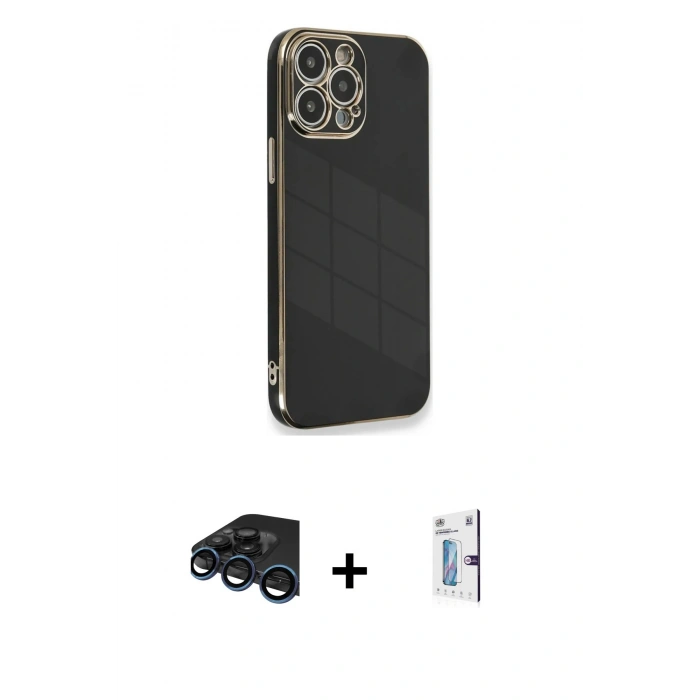 MARSİLYAN™- iPhone 15 Pro Kılıf Yankı Serisi - Siyah Bilvis 0.18mm Plus Cam Ekran Koruyucu + Raze Metal Kamera Lens - LT