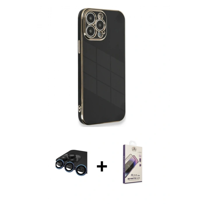 MARSİLYAN™- iPhone 15 Pro Kılıf Yankı Serisi - Siyah Bilvis 3D Mat Cam Ekran Koruyucu + Raze Metal Kamera Lens - LT