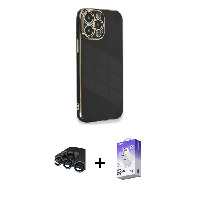 MARSİLYAN™- iPhone 15 Pro Kılıf Yankı Serisi - Siyah Bilvis 5in1 3D Magic Cam Ekran Koruyucu + Raze Metal Kamera Lens - LT