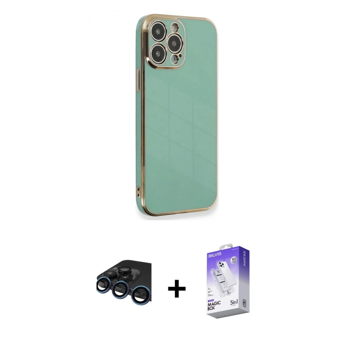 MARSİLYAN™- iPhone 15 Pro Kılıf Yankı Serisi - Siyah Bilvis 5in1 3D Magic Cam Ekran Koruyucu + Raze Metal Kamera Lens - LT