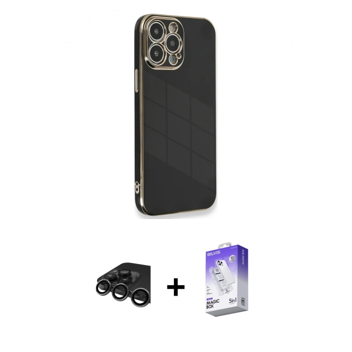 MARSİLYAN™- iPhone 15 Pro Kılıf Yankı Serisi - Siyah Bilvis 5in1 3D Magic Cam Ekran Koruyucu + Raze Metal Kamera Lens - TMGI
