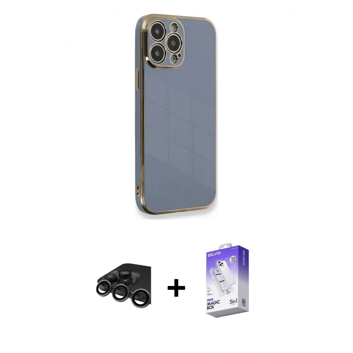 MARSİLYAN™- iPhone 15 Pro Kılıf Yankı Serisi - Siyah Bilvis 5in1 3D Magic Cam Ekran Koruyucu + Raze Metal Kamera Lens - TMGI