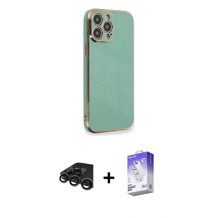 MARSİLYAN™- iPhone 15 Pro Kılıf Yankı Serisi - Siyah Bilvis 5in1 3D Magic Cam Ekran Koruyucu + Raze Metal Kamera Lens - TMGI