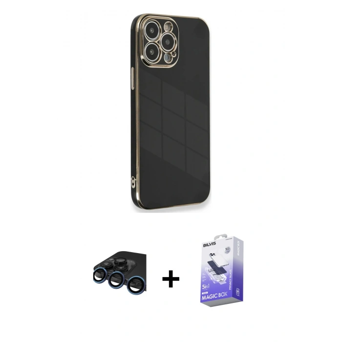 MARSİLYAN™- iPhone 15 Pro Kılıf Yankı Serisi - Siyah Bilvis 5in1 5D Magic Hayalet Cam Ekran Koruyucu + Raze Metal Kamera Lens - LT